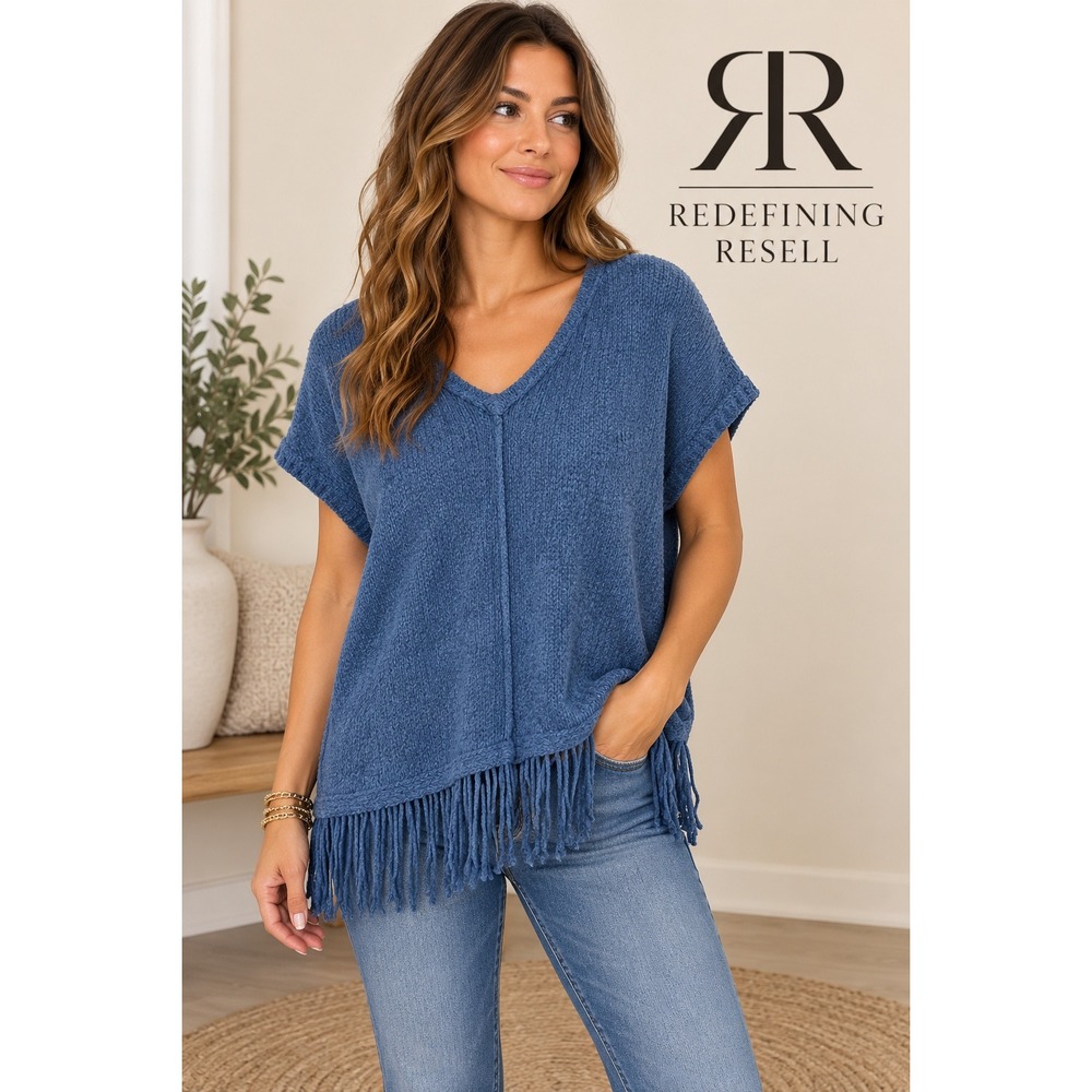 Pure Jill Blue Textured Knit Fringe Hem V-Neck Sweater Vest Medium Petite